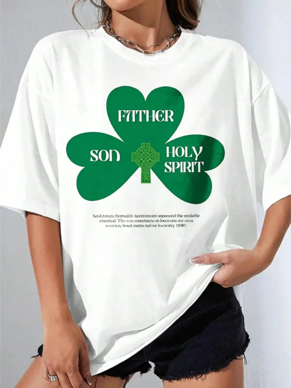 Women's T-Shirts, Party Casual Short Sleeves, OneWhite Oversized T Shirt With Green Shamrock And Trinity Design For St Patricks Day Celebration220g