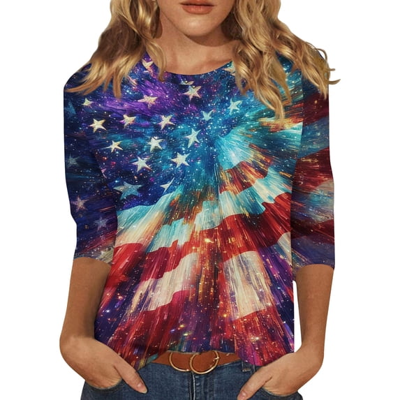 Women's T-Shirts Patriotic Star Print 250th Anniversary USA Crew Neck 3/4 Sleeve Independence Day