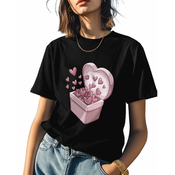 Women's T-Shirts, Pink Heart Box Valentine Cotton Crewneck Tee Short Sleeve Casual Tops Loose Graphic T-Shirt Black, XL