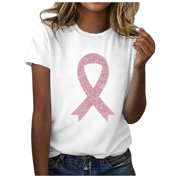 Women's T-Shirts Pink Ribbon Print Cancer Awareness Tees Short Sleeve Crewneck Casual Tops