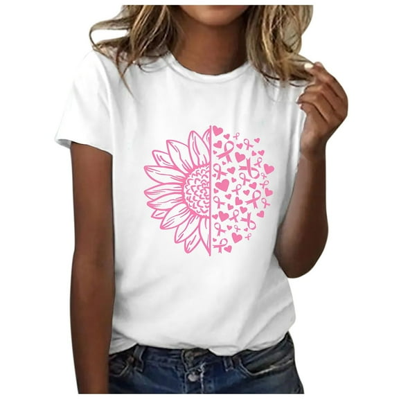 Women's T-Shirts Pink Ribbon Print Cancer Awareness Tees Short Sleeve Crewneck Casual Tops
