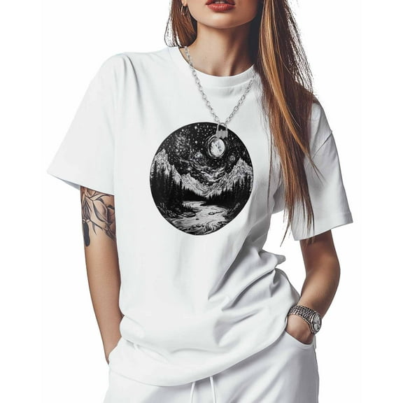 Women's T-Shirts, Planet Forest Mountain River Cotton Crewneck Tee Short Sleeve Casual Tops Loose Graphic T-Shirt White, M
