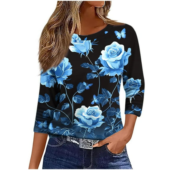 Women's T-Shirts Plus Size 3/4 Length Sleeve Casual Printed Crewneck Blouse Lightweight Tunic Tops Blue 4XL