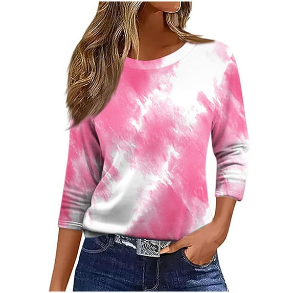 Women's T-Shirts Plus Size 3/4 Length Sleeve Casual Printed Crewneck Blouse Lightweight Tunic Tops Pink 3XL
