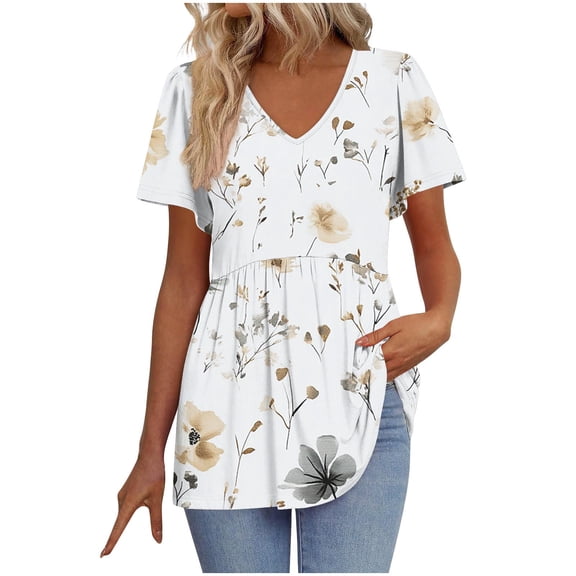 Women's T-Shirts Plus Size Floral Printed Pleated Patchwork Short Sleeve V-Neck Casual Loose Tops Gray 2XL