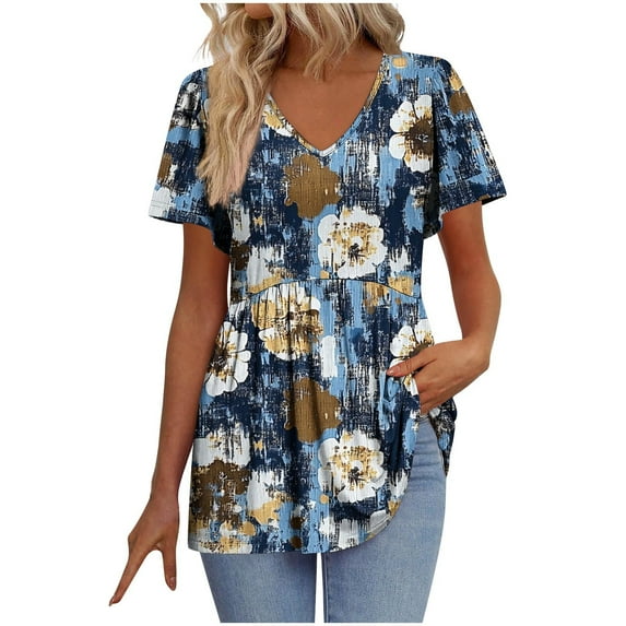 Women's T-Shirts Plus Size Floral Printed Pleated Patchwork Short Sleeve V-Neck Casual Loose Tops Navy XL