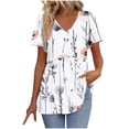 thumbnail image 1 of Women's T-Shirts Plus Size Floral Printed Pleated Patchwork Short Sleeve V-Neck Casual Loose Tops White L, 1 of 5