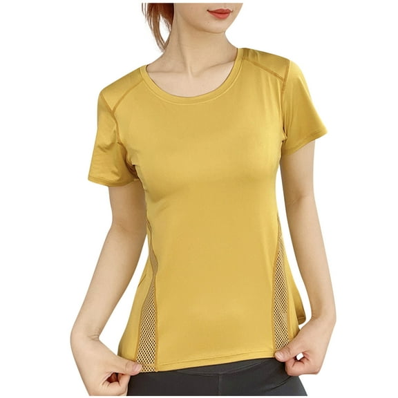 Women's T-Shirts Plus Size Sports Crewneck Short Sleeve Summer T-Shirts Fitness Breathable Mesh Top Yellow XL