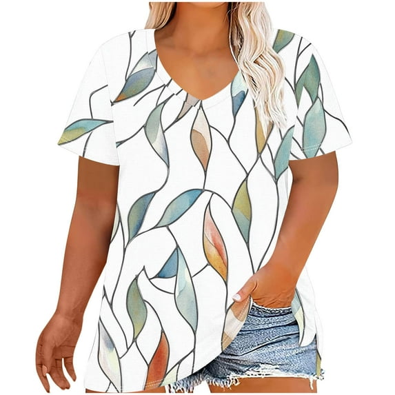 Women's T-Shirts Plus Size V-Neck Leaves Printed Short Sleeve Tee Tops Summer Base T-Shirts