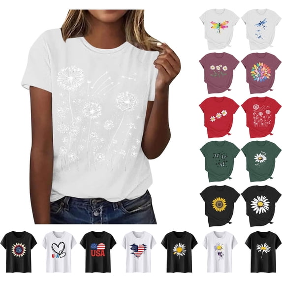 Women's T Shirts Print Summer Casual Short Sleeve Crew Neck Pullover Tops Loungewear Holiday Going out Shirts, Gifts for Her