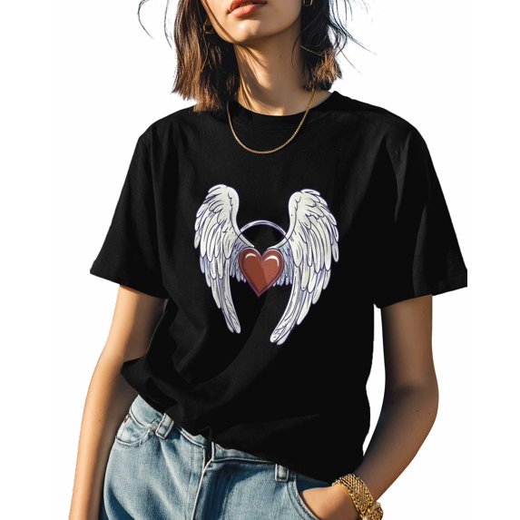 Women's T-Shirts, Retro Angel Wings Heart Cotton Crewneck Tee Short Sleeve Casual Tops Loose Graphic T-Shirt Black, L