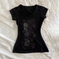 thumbnail image 1 of Women's T Shirts Retro Floral Print Elegant Slim Fit Waist Tee Top Basic Tees for Women Black L, 1 of 3