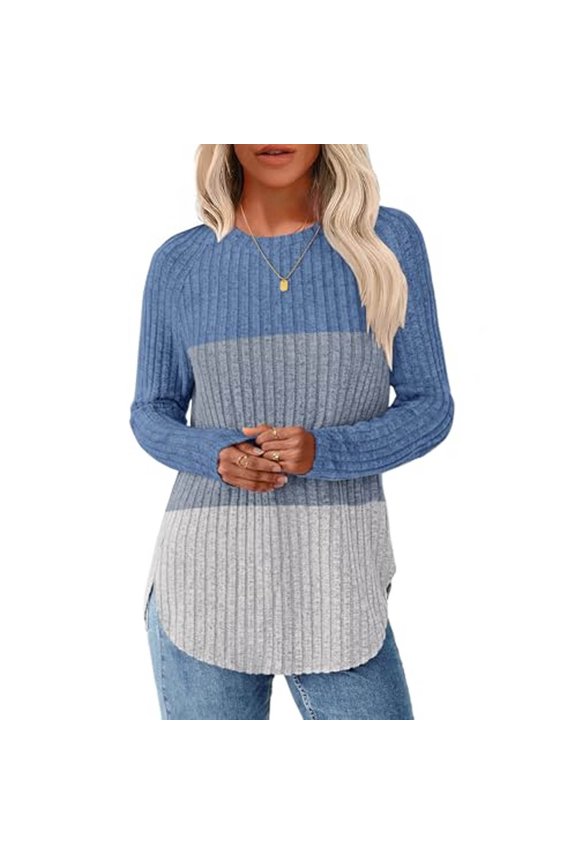 Women's T-Shirts Ribbed Knit Long Sleeve T Shirt Side Slit Split Hem Casual Loose Fit Crewneck Top Navy Xxl