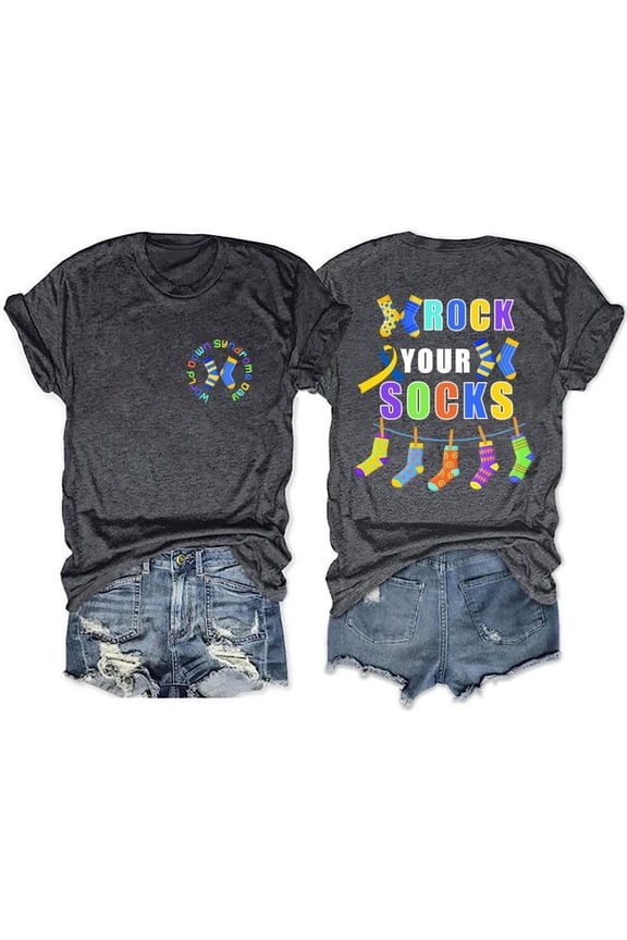Women's T-Shirts "Rock Your Socks" Down Syndrome Awareness Double-Sided Print Short Sleeve Crew Neck Casual Soft Polyester Tee For Summer Fall Daily Wear S-XXL