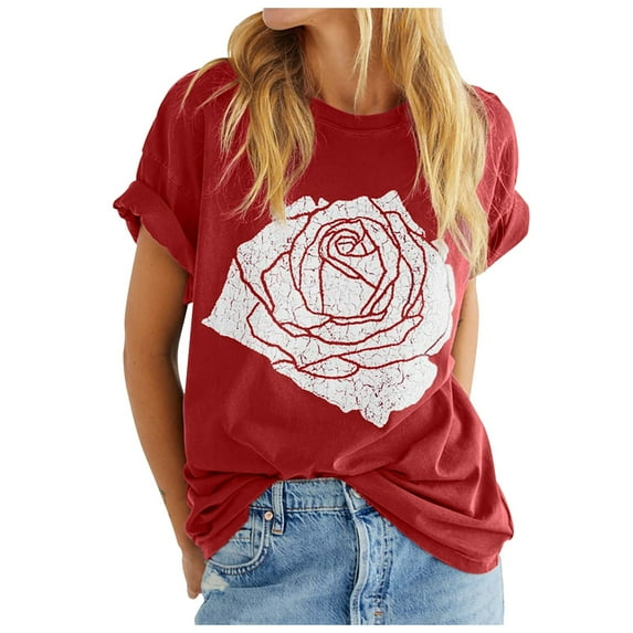 Women's T-Shirts Rose Graphic Loose Fit Summer Short Sleeve Boyfriend Casual Crew Neck Tees Tops for Women Trendy Red M