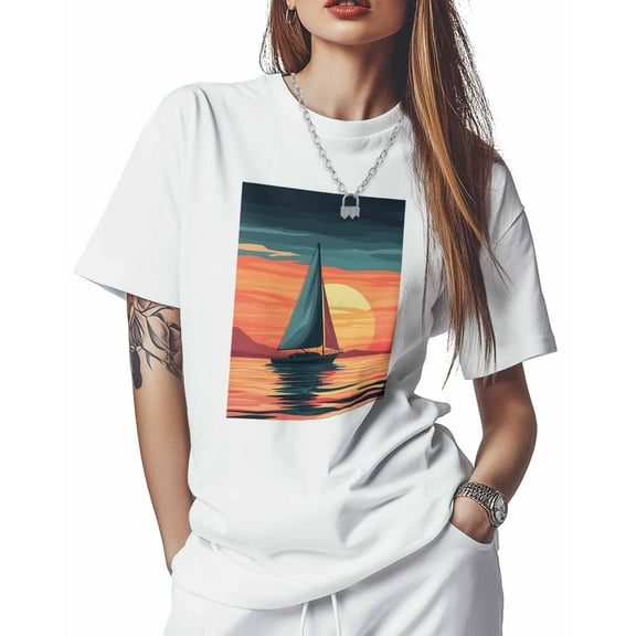 Women's T-Shirts, Sea Sailboat Sunset Cotton Crewneck Tee Short Sleeve Casual Tops Loose Graphic T-Shirt White, M