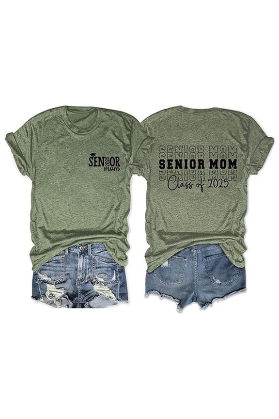 Women's T Shirts Senior Mom Class Of 2025 Letter Print Crew Neck Short Sleeve Graduation Shirts Graphic Tees Women Army Green L