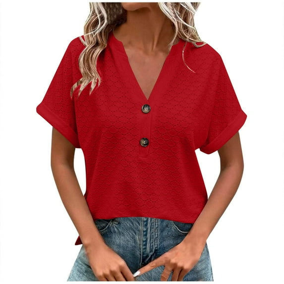 Women's T-Shirts Sevevn Women's Fashion Casual Solid Color Button V-Neck T-Shirt Blouse