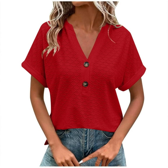 Women's T-Shirts Sevevn Women's Fashion Casual Solid Color Button V-Neck T-Shirt Blouse