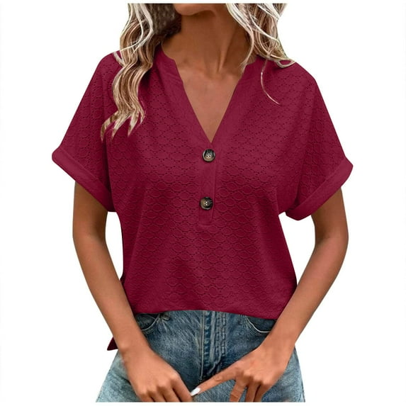 Women's T-Shirts Sevevn Women's Fashion Casual Solid Color Button V-Neck T-Shirt Blouse