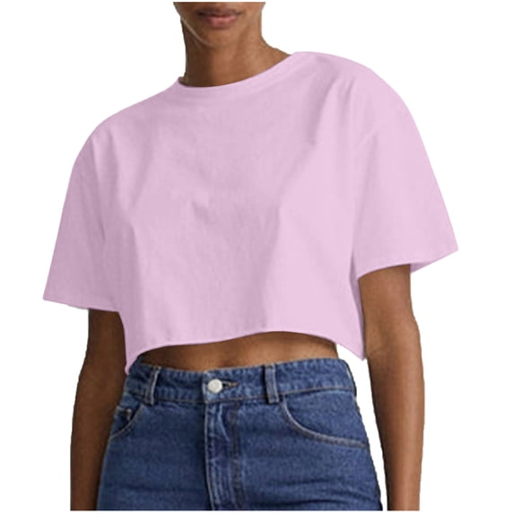 Women's T-Shirts Sevevn Women's Summer Casual Solid Color Short Open Navel Round Neck Sports T-Shirt Top