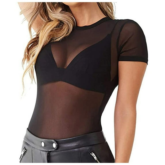 Women's T-Shirts Sexy Short Sleeve Mesh Base Blouse See Through Top for Casual and Outdoor Wear