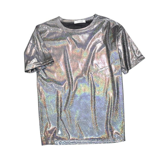 Women's T-Shirts Shiny Tops Holographic Metallic Shirt Shimmer Glitter Sparkle Party Disco Tee Shirt Blouse Black XXXL