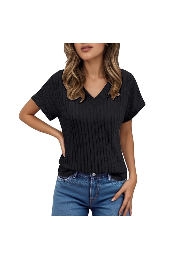 Women's T-Shirts Short Sleeve Basic Shirt Regular Solid Color Casual T Shirts For Summer V Neck Top Perfect For Everyday Wear Tee Tops Black S