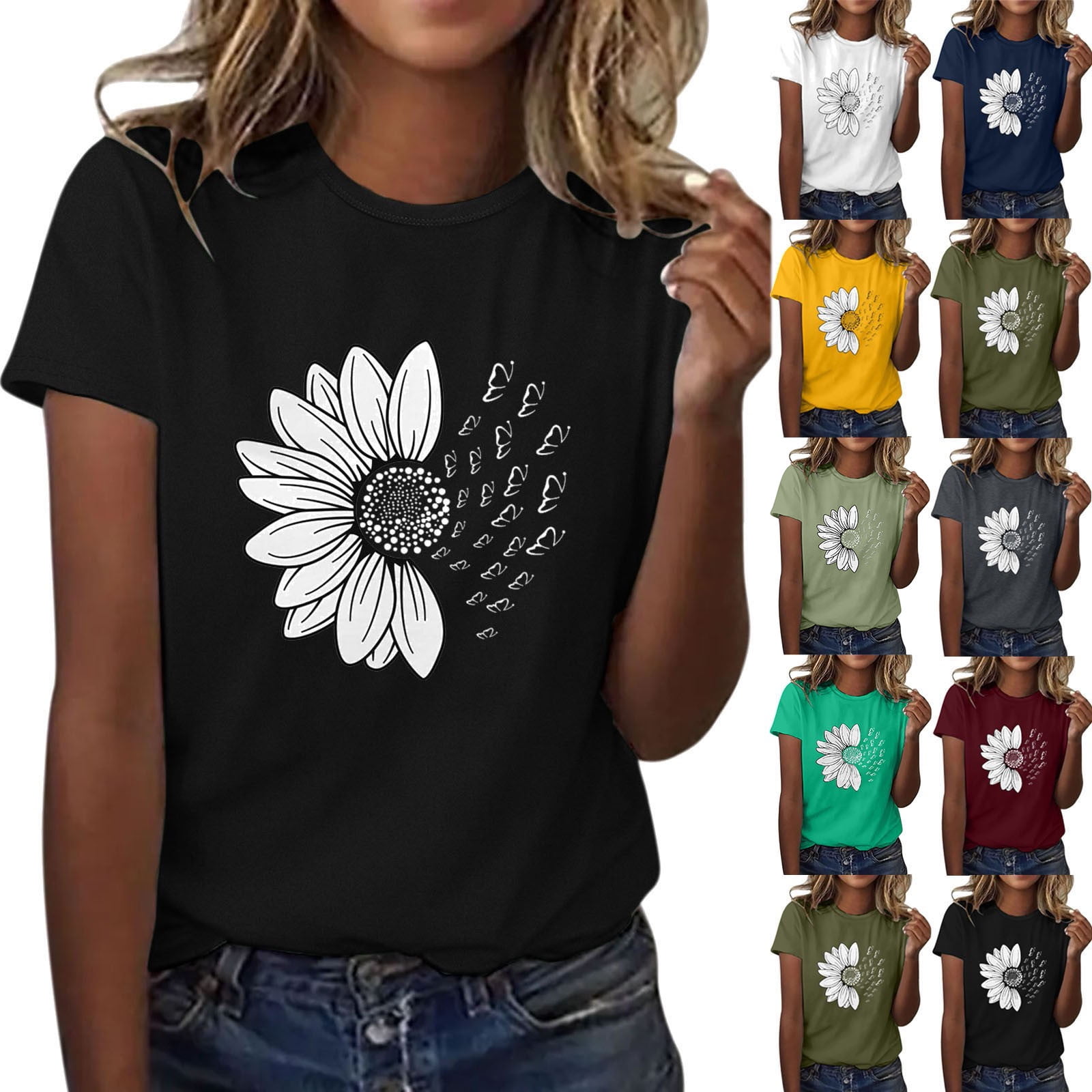 Outfmvch Women's Stretchy T-Shirt, Short Sleeve, Sunflower Butterfly Print, Round Neck, Workout