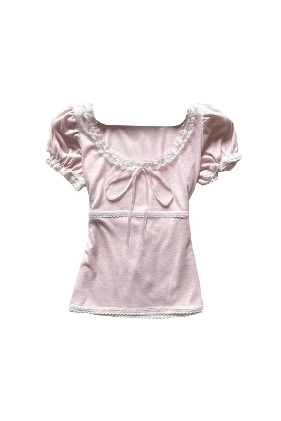 Women's T-Shirts Short Sleeve Solid Color Regular Cozy Mcbling Baby Tee V Neck Shirt 2000S Fairy Tee Tops Pink S