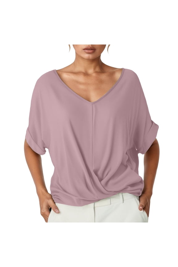 Women's T-Shirts Short Sleeve Solid Color Regular Cozy V Neck Elegant T Shirt For Women Tee Tops Light Pink M