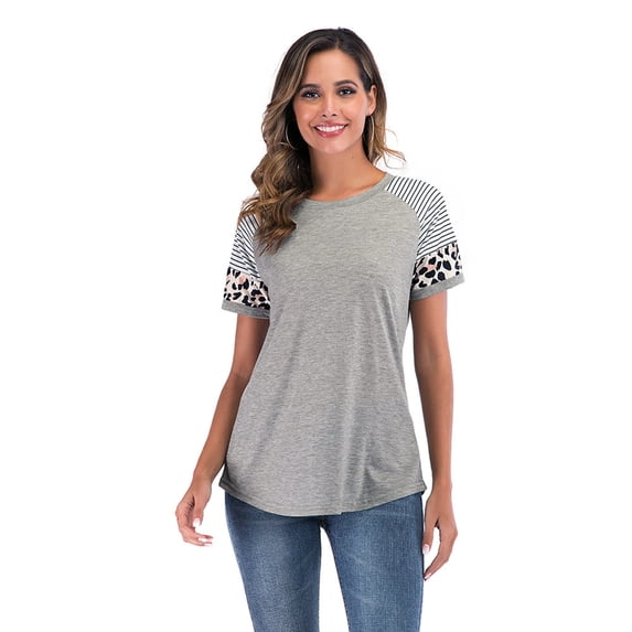 Women's T-Shirts Short Sleeve Striped Color Block Leopard Casual Tops Round Neck Ladies Shirts