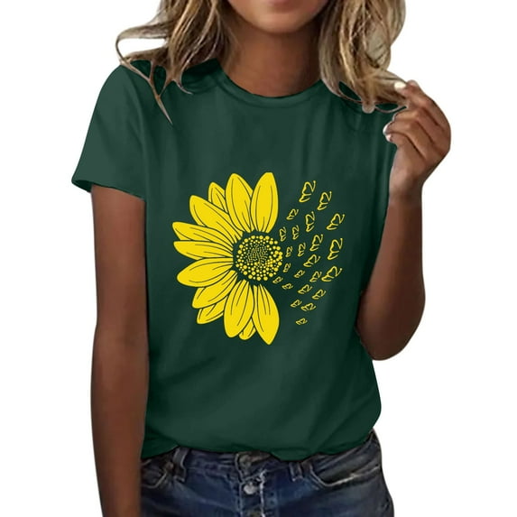 Women's T Shirts Short Sleeve Sunflower Butterfly Printed Shirt Round Neck Fashion Top Lightweight Soft Outfit Clothes Summer Casual T-shirt Tops