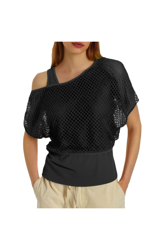 Women's T Shirts Short Sleeve Tees Neon Fishnet Mesh Top off Shoulder Shirts Tops