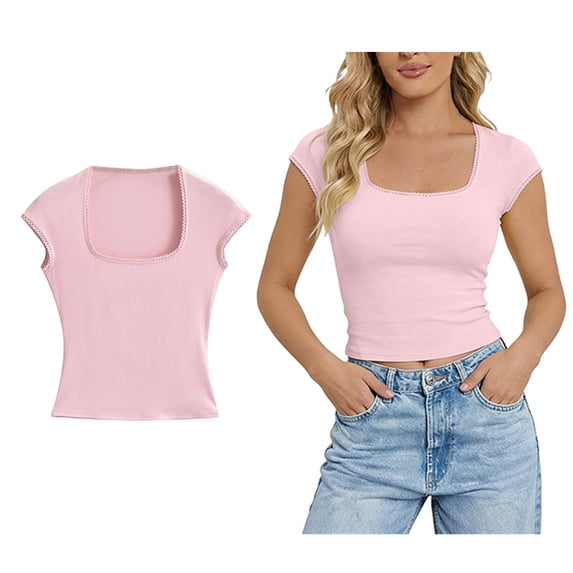 Women's T Shirts Short Sleeves Square Neck Basic Tees Slim Fit Womens Summer Clothes Work Tops for Women