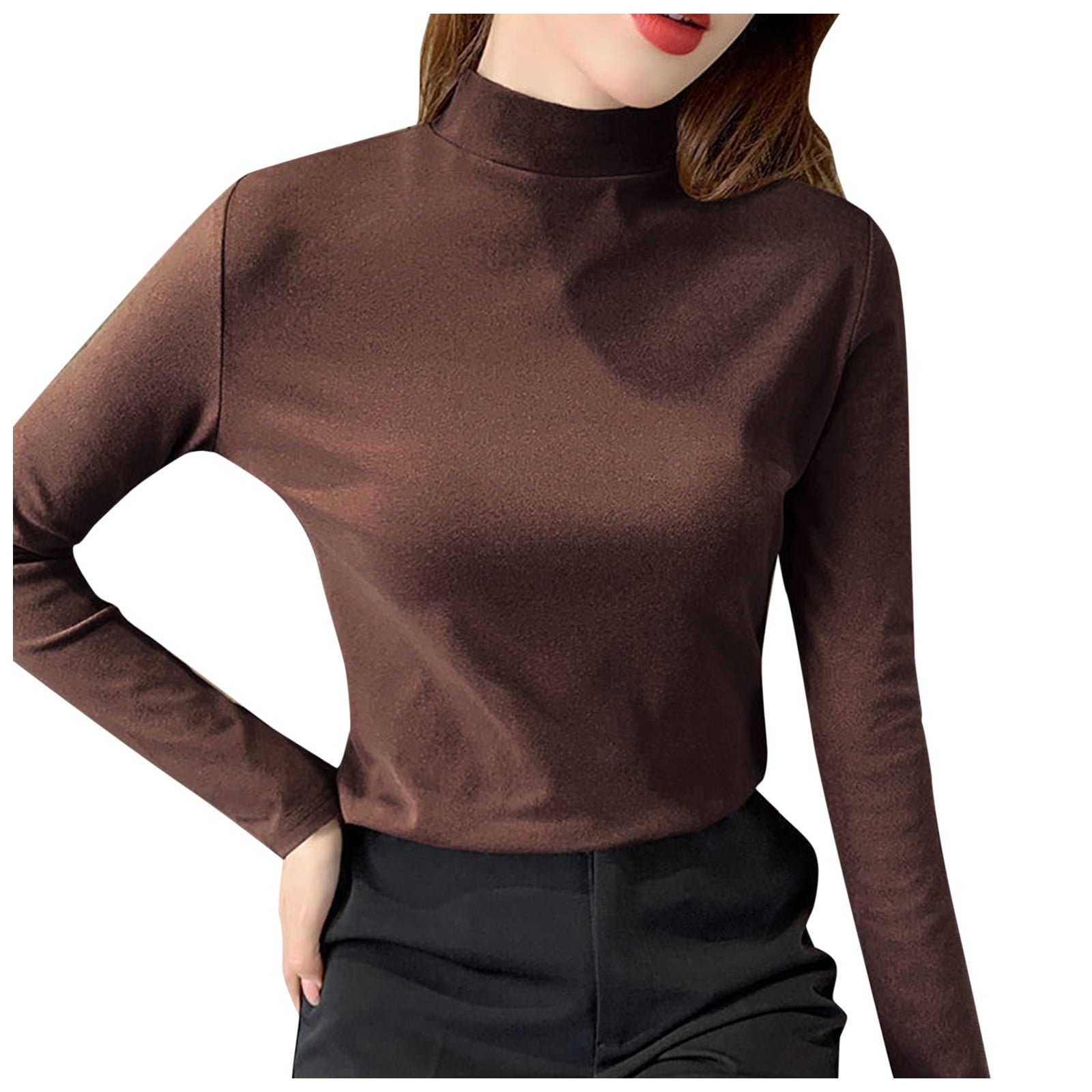 Women's TShirts Slim Casual Solid Long Sleeve Mock Turtleneck Blouse