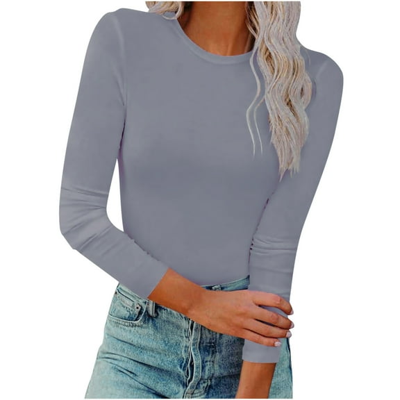 Women's T-Shirts Slim Fitted Long Sleeve Stretch Casual Base Tee Shirt Blouse Solid Tshirts Fall Spring Tops (L, Gray)