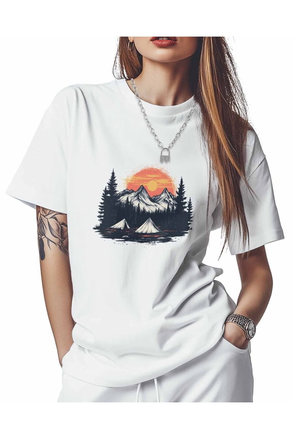 Women's T-Shirts, Snow Mountain and Forest Cotton Crewneck Tee Short Sleeve Casual Tops Loose Graphic T-Shirt White, L
