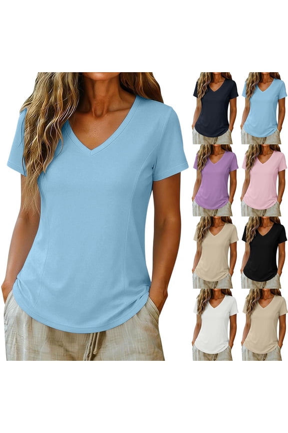 Women's T Shirts Soft Cotton Plain Tshirts Short Sleeve V Neck Fitted Casual Summer Tops Plus Size Basic Tees (M, Sky Blue)