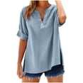 thumbnail image 1 of Women's T-Shirts Solid Color Cotton Linen 3/4 Sleeve Split V-Neck Button Tops Casual Loose T-Shirts, 1 of 7