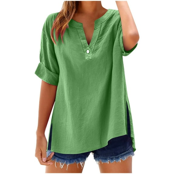 Women's T-Shirts Solid Color Cotton Linen 3/4 Sleeve Split V-Neck Button Tops Casual Loose T-Shirts