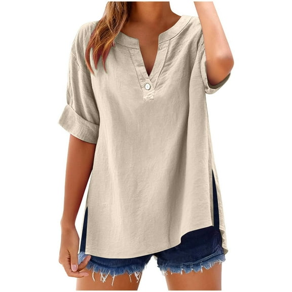 Women's T-Shirts Solid Color Cotton Linen 3/4 Sleeve Split V-Neck Button Tops Casual Loose T-Shirts