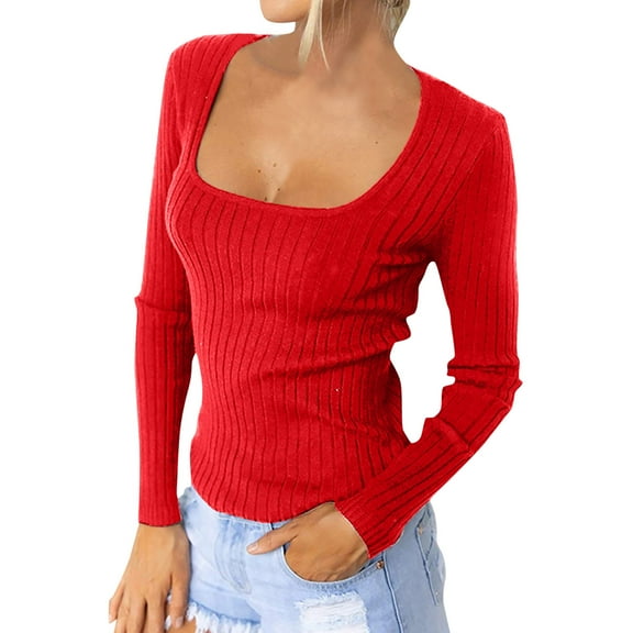Women's T-Shirts Solid Color Knitted Long Sleeve Slim Blouse Fit U Neck Sexy Warm Soft Top for Women
