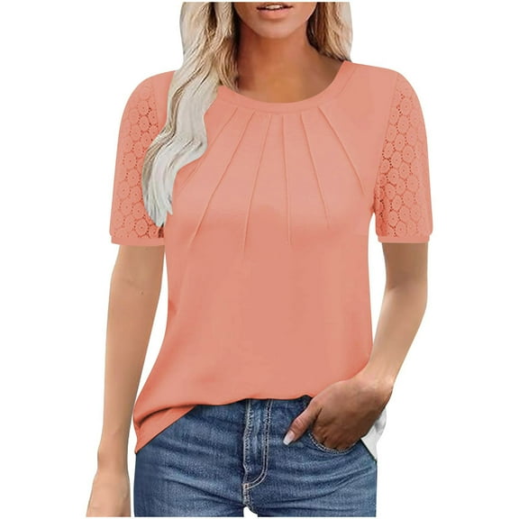 Women's T-Shirts Solid Color Lace Patchwork Shirts Short Sleeve Round Neck Dressy Pleated Shirt Blouses Casual Loose Comfortable Daily Womens Summer Clothing