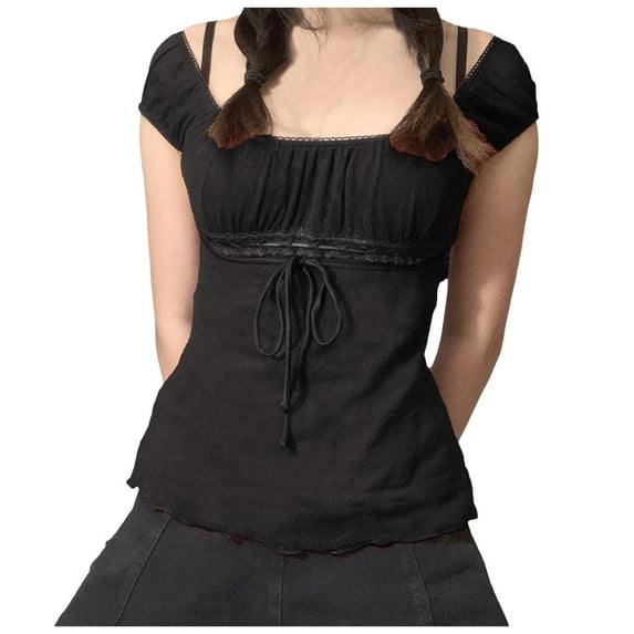 Women's T-Shirts Solid Color Mesh Lace Shirt Set with Head Bow Short Sleeve Top for Stylish Casual Wear