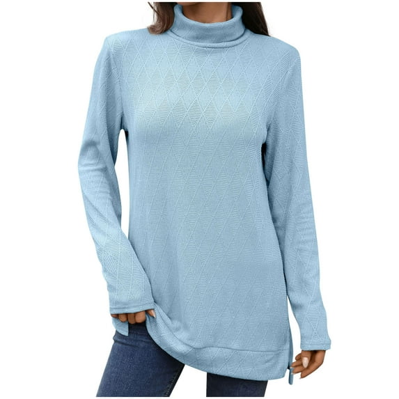 Women's T Shirts Solid High Neck Long Sleeve Soft Basic Tee Loose Fit Casual Slit Tops Fall Winter Clothes