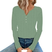Women's T-Shirts Solid Jacquard Seamless V Neck Three Button Long Sleeve Top Womens Tops