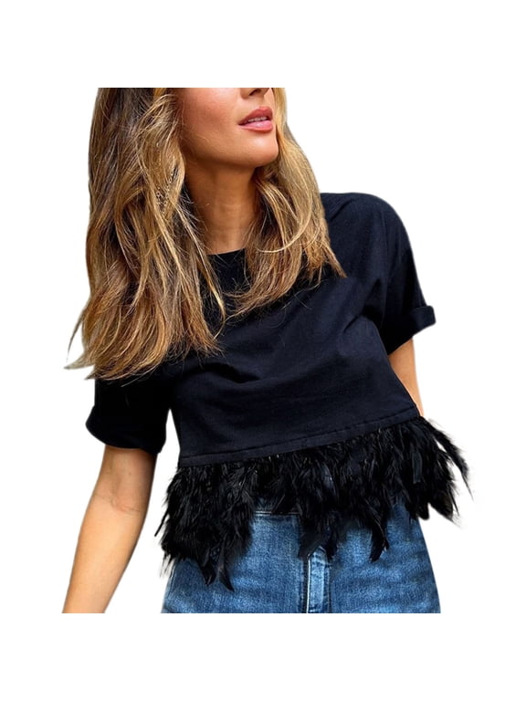 Women's T-Shirts Solid Tee Short Sleeve Feather Tops Casual Blouses for Stylish Everyday Wear