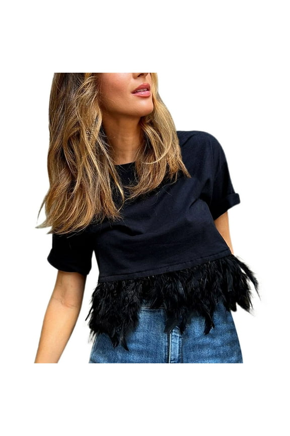 Women's T-Shirts Solid Tee Short Sleeve Feather Tops Casual Blouses for Stylish Everyday Wear