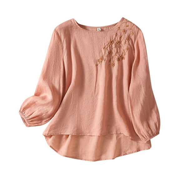 Women's T-Shirts Spring Embroidered Round Neck Long Sleeve T Shirt Bohemian Loose Fit Floral Applique Top for Casual Wear